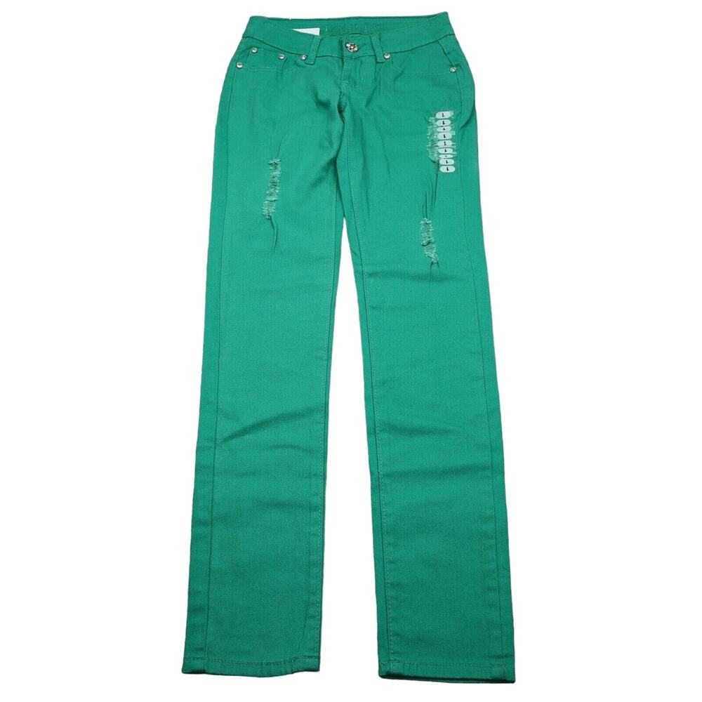 E Line Pants Womens 1 Green Skinny Low Rise Button Distress Pocket Stretch Jeans